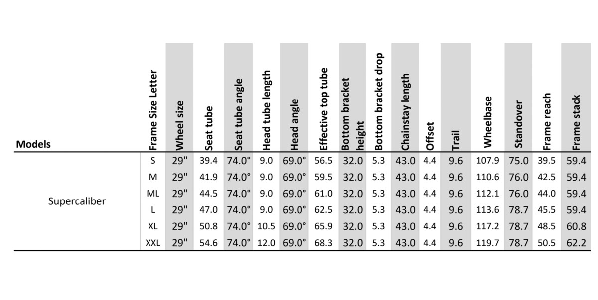 trek supercaliber size chart